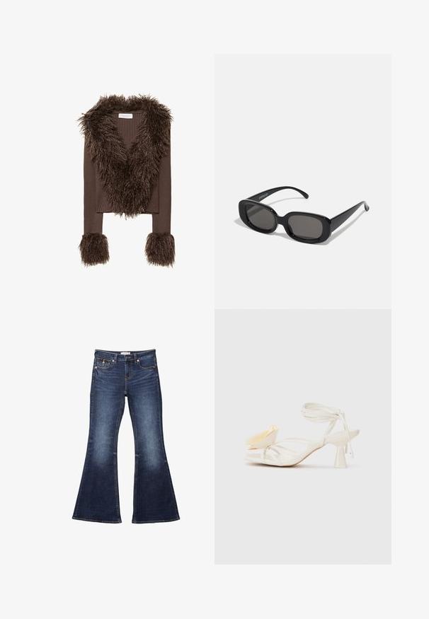 Bruine geribde cropped jas met een schokkerige nepbont kraag en manchetten, met een gestructureerde stof en een v-halsontwerp.; Witte off-shoulder top met gerimpelde randen, smock-borstel, uitlopende zoom en lichte stof met een subtiele textuur.; Donkerblauwe flared jeans met een tailleband, vijf zakken, stiksels en een gladde denimtextuur.; Witte sandalen met hoge hakken en een puntige neus, voorzien van een decoratieve gele bloemblaadjesaccent en een slanke enkelband.; Zwarte rechthoekige zonnebril met donkere lenzen. Dikke plastic montuur, gladde textuur en ronde randen. Stijlvolle steunen lopen naar buiten.; Zwarte leren hobo tas met een slouchy ontwerp, brede schouderband en een gladde textuur. Heeft een enkele ritssluiting aan de zijkant.