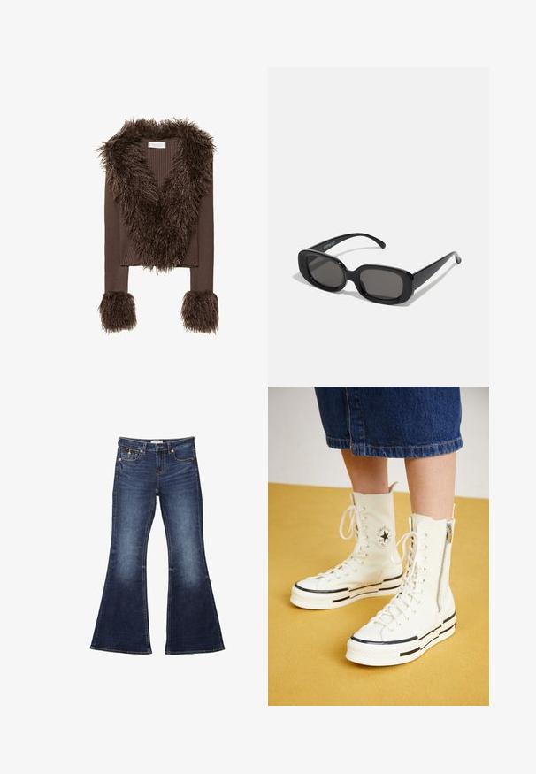 Brun randig kort jacka med en lurvig fuskpälskrage och manschetter, med textilstruktur och en V-halsdesign.; Vit off-shoulder topp med volangkanter, smockad kjol, utsvängd fåll och lättviktig tyg med en subtil textur.; Mörkblå utsvängda jeans med midjeband, fem fickor, sömnadsdetaljer och en mjuk denimtextur.; Vita högklackade sneakers med dragkedjestängning, snörningsdesign och svarta randaccent på en tjock sula. Texturerat kanvasmaterial.; Svarta rektangulära solglasögon med mörka linser. Tjock plastbåge, slät yta och rundade kanter. Stilsäkra skalmar sträcker sig utåt.