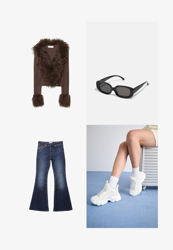 Veste courte marron à côtes avec un col et des poignets en fausse fourrure shaggy, présentant un tissu texturé et un design en v.; Haut blanc à épaules nues avec des bords festonnés, un corsage smocké, un ourlet évasé et un tissu léger présentant une texture subtile.; Jean flare bleu foncé avec une taille, un design à cinq poches, des accents de couture et une texture en denim lisse.; Baskets blanches à lacets avec une semelle épaisse, en matériau synthétique lisse, accents texturés et une languette au niveau du talon.; Lunettes de soleil rectangulaires noires avec des verres foncés. Monture en plastique épaisse, texture lisse et bords arrondis. Les branches élégantes s'étendent vers l'extérieur.