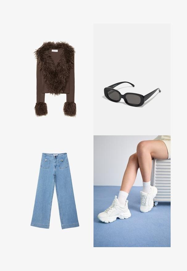 Giacca corta a coste marrone con colletto e polsini in pelliccia sintetica shaggy, caratterizzata da un tessuto testurizzato e un design a scollo a V.; Top bianco senza spalle con bordi arricciati, corpino arricciato, orlo svasato e tessuto leggero con una sottile texture.; Jeans larghi di denim blu chiaro, dotati di due tasche frontali con bottoni dorati, taglio dritto e finitura orlata.; Sneakers bianchi con lacci e suola chunky, realizzati in morbido materiale sintetico, con dettagli testurizzati e un pratico occhiello sul tallone.; Occhiali da sole neri rettangolari con lenti scure. Montatura in plastica spessa, texture liscia e bordi arrotondati. Le tempie eleganti si estendono verso l'esterno.