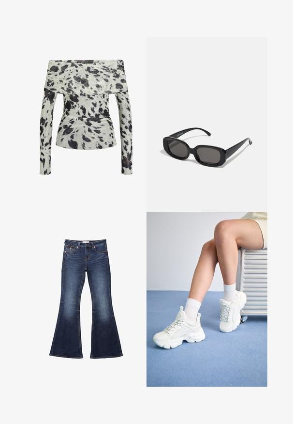 Ruskea ribattaa cropped-takki, jossa on pörröinen tekoturkiskaulus ja -hihansuut, joissa on teksturoitu kangas ja V-pääntie.; Off-the-shoulder toppi kevyestä kankaasta, jossa valkoinen pohja ja musta sekä ruskea abstrakti kuvio. Pitkät hihat, joissa on kerrostettu rakenne.; Tummansinisten leveälahkeisten farkkujen vyötärö, viisi taskua, ompeluaksentit ja sileä farkkukangas.; Valkoiset nauhakenkät, joissa on paksu pohja, sileä synteettinen materiaali, tekstuuriset yksityiskohdat ja vetolenkki kantapäässä.; Mustat suorakulmaiset aurinkolasit tummilla linsseillä. Paksu muovikehys, sileä pinta ja pyöristetyt reunat. Tyylikkäät templet ulottuvat ulospäin.