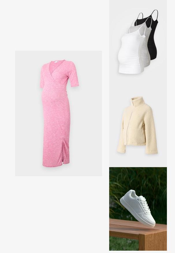 Krém színű plüss dzseki magas gallérral, elülső cipzárral és két folt zsebbel. Puha, textúrált felülettel és széles ujjakkal rendelkezik.; Rózsaszín bordás kismama ruha V-kivágással, rövid ujjakkal és két oldalsó hasítékkal a kényelmesség érdekében. Puha, rugalmas anyagból készült a komfortért.; Három kismama tank top fehér, szürke és fekete színben. Rugalmas anyag, állítható pántokkal és beszegett oldals seams, hogy kényelmes viseletet biztosítson.; Fehér sportcipő sima szintetikus felsőrésszel, perforált lábujjrész, lapos fűzőkkel és texturált talppal, fából készült felületen kihelyezve.