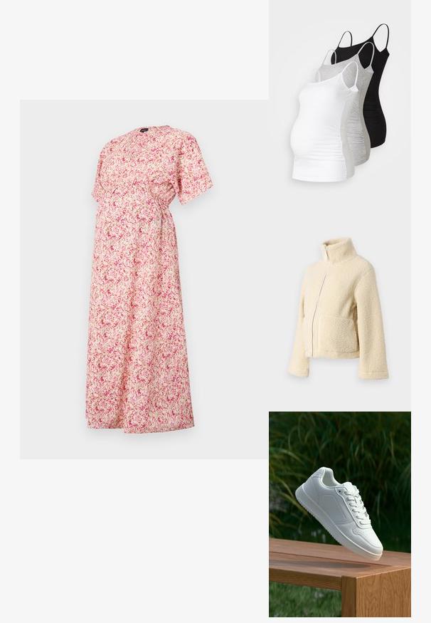 Krém színű plüss dzseki magas gallérral, elülső cipzárral és két folt zsebbel. Puha, textúrált felülettel és széles ujjakkal rendelkezik.; Világos rózsaszín anyasági ruha, laza szabással, rövid ujjal és gyűrt derékrésszel. Kis kerek nyakkivágással és változatos virágmintákkal rendelkezik.; Három kismama tank top fehér, szürke és fekete színben. Rugalmas anyag, állítható pántokkal és beszegett oldals seams, hogy kényelmes viseletet biztosítson.; Fehér sportcipő sima szintetikus felsőrésszel, perforált lábujjrész, lapos fűzőkkel és texturált talppal, fából készült felületen kihelyezve.