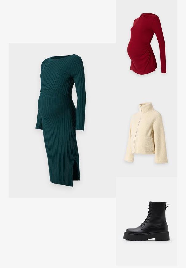 Kremfarget fleecejakke med høy krage, glidelås foran og to klaffelommer. Har en myk, teksturert overflate og vide ermer.; Anna Field MAMA Strikket kjole - dark green; Langermet rød graviditetstopp i ribbestrikket tekstur, med en drapert halslinje og siderykningsdetaljer for å imøtekomme en voksende mage.; Sorte skinn ankelstøvler med rund tå, snøring foran og tykk gummisåle med teksturert mønster. Håndtak bak.