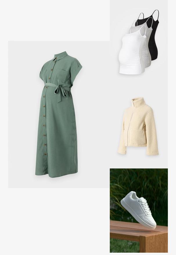 Krémová flísová bunda s vysokým golierom, predným zipsom a dvoma náprsními vreckami. Má mäkký, štruktúrovaný povrch a široké rukávy.; Zelené šaty po kolená s krátkymi vyrolovanými rukávmi, predným zapínaním na gombíky a pásom v páse. Obsahujú náprsné vrecko a gombíky s dreveným vzhľadom.; Tričko s dlhým rukávom pre tehotné ženy v bielej, šedej a čiernej farbe. Elastický materiál s nastaviteľnými ramienkami a zberanými bočnými švami pre pohodlie.; Biele tenisky s hladkým syntetickým zvrškom, perforovanou špičkou, plochými šnúrkami a textúrovanou podrážkou, vystavené na drevenej ploche.