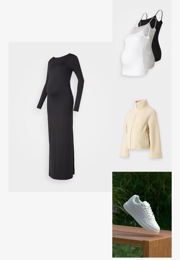 Kremowa polarowa kurtka z wysokim kołnierzem, zamek błyskawiczny z przodu i dwiema kieszeniami naszytymi. Posiada miękką, teksturowaną powierzchnię i szerokie rękawy.; Czarna, długa sukienka ciążowa z dopasowanym krojem, okrągłym dekoltem i bocznymi rozcięciami dla swobody ruchów, wykonana z miękkiego, elastycznego materiału.; Trzy topy ciążowe na ramiączkach w kolorze białym, szarym i czarnym. Elastyczny materiał z regulowanymi ramiączkami i zaszewkami po bokach dla wygody.; Biały sneaker z gładką syntetyczną cholewą, perforowanym noskiem, płaskimi sznurowadłami i teksturowaną podeszwą, wyeksponowany na drewnianej powierzchni.