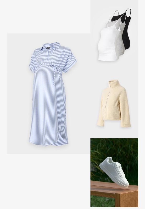 Krém színű plüss dzseki magas gallérral, elülső cipzárral és két folt zsebbel. Puha, textúrált felülettel és széles ujjakkal rendelkezik.; Kék és fehér csíkos kismama ruha, rövid ujjú, galléros nyakkivágással, derékra kötővel, puha anyagból készült, laza fazonban.; Három kismama tank top fehér, szürke és fekete színben. Rugalmas anyag, állítható pántokkal és beszegett oldals seams, hogy kényelmes viseletet biztosítson.; Fehér sportcipő sima szintetikus felsőrésszel, perforált lábujjrész, lapos fűzőkkel és texturált talppal, fából készült felületen kihelyezve.