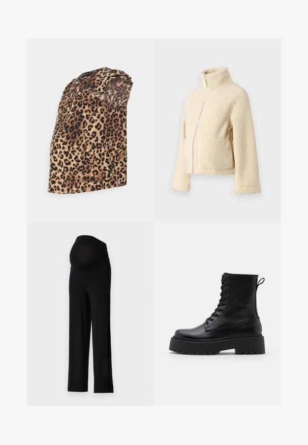 Cremefarbene Fleecejacke mit hohem Kragen, frontalem Reißverschluss und zwei aufgesetzten Taschen. Sie zeichnet sich durch eine weiche, strukturierte Oberfläche und weite Ärmel aus.; Bluse mit Leopardenmuster in lockerer Passform, kurzen Puffärmeln und rundem Halsausschnitt, aus leichtem, strukturiertem Stoff gefertigt.; Schwarze Umstandshosen mit einem dehnbaren, enganliegenden Bund und weitem Bein. Hergestellt aus weichem Stoff, der Komfort und Unterstützung bietet.; Schwarze Lederstiefeletten mit runder Zehenpartie, Schnürung vorne und einer dicken Gummisohle mit strukturiertem Profil. Mit Zugschlaufe an der Rückseite.