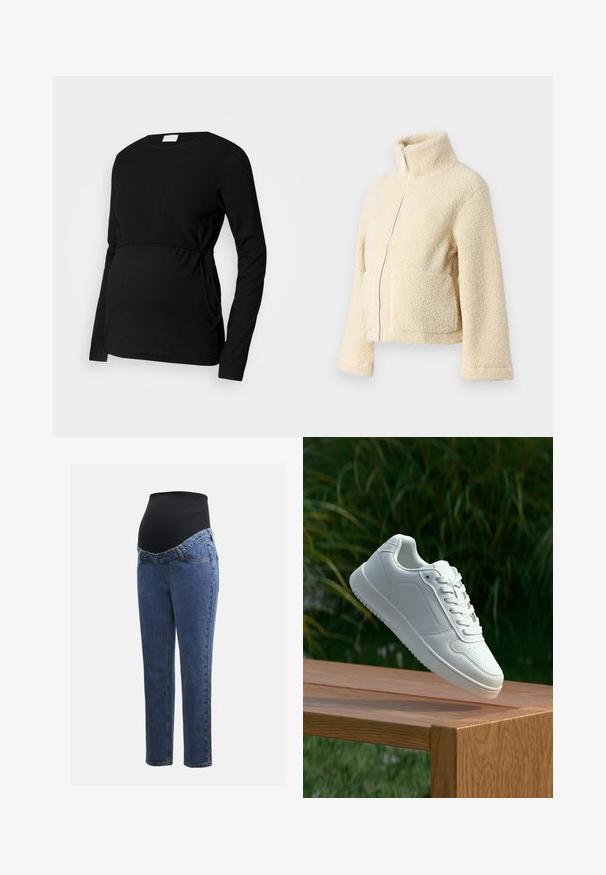 Kreemimust kampsun kõrge krae, ees tõmblukuga ja kahe kott-taskuga. Omab pehmet, tekstuuri pinnat ja laiu varrukaid.; Mustade pika varrukaga rasedate tipp, mis on valmistatud tekstuurilisest kangast. Omab kitsendatud vöökohta ja külgmisi sidemeid, et reguleerida sobivust.; Rasedusjeansid sinise denimi jalgadega ja musta veniva kõhuplaadiga, mis on mõeldud toetama ja katma kasvavat kõhtu.; Valged sneakerd, millel on sile sünteetiline ülemine osa, väikeste aukudega varvaskast, lamedad paelad ja tekstuuriga tald, eksponeeritud puidust pinnal.