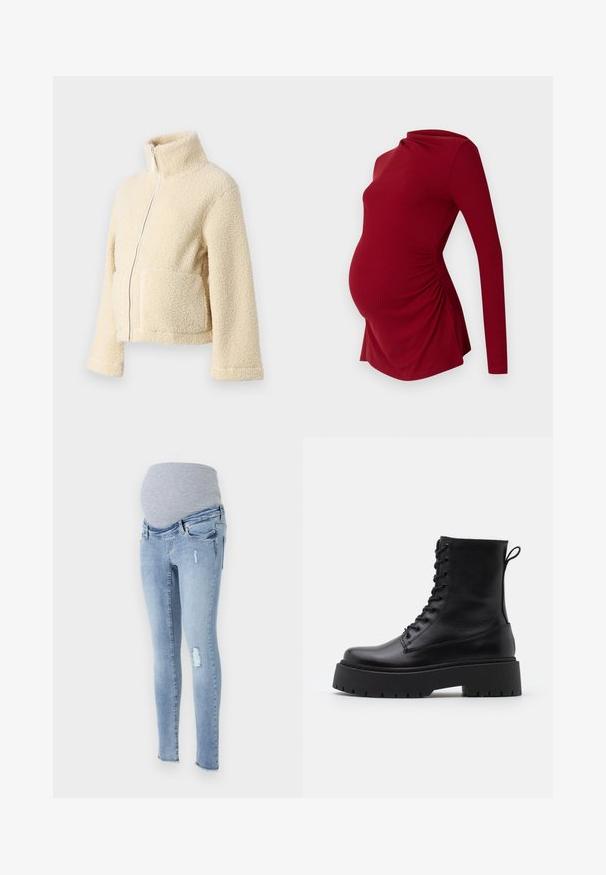 Kremasti flis jakna s visokim ovratnikom, prednjim patentnim zatvaračem i dva džepa s preklopom. Ima mekan, teksturiran površinu i široke rukave.; Duga crvena majica za trudnice s rebrastom teksturom, s drapiranim dekolteom i bočnim naborima kako bi se prilagodila rastućem trbuhu.; Trudne traperice za trudnoće u svijetloplavom denimu s mekim sivo-elastičnim pojasom, istaknutim oštećenjima i suženim krojem.; Crne kožne gležnjače s okruglim vrhom, vezanjem sprijeda i debelim gumenim potplatom s teksturiranim uzorkom. Tipa: traka za vuču na stražnjoj strani.