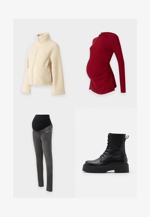 Krema flis jakna z visokim ovratnikom, sprednjim zadrgo in dvema večjima žepoma. Ima mehak, teksturiran površin in široke rokave.; Rdeča materinska majica z dolgimi rokavi v rebrasti teksturi, z drapiranim ovratnikom in stranskim gathersom, ki prilagaja rastočemu trebuhu.; Nosečnosti hlače z črnim raztegljivim pasom, sivim denim telesom, zasnovo v slim fit kroju in žepi. Imajo gladko teksturo in čiste linije.; Črne usnjene gležnjarje z okroglo konico, vezalnim sprednjim delom in debelim gumijastim podplatom z teksturiranim profilom. Zanka na hrbtni strani.