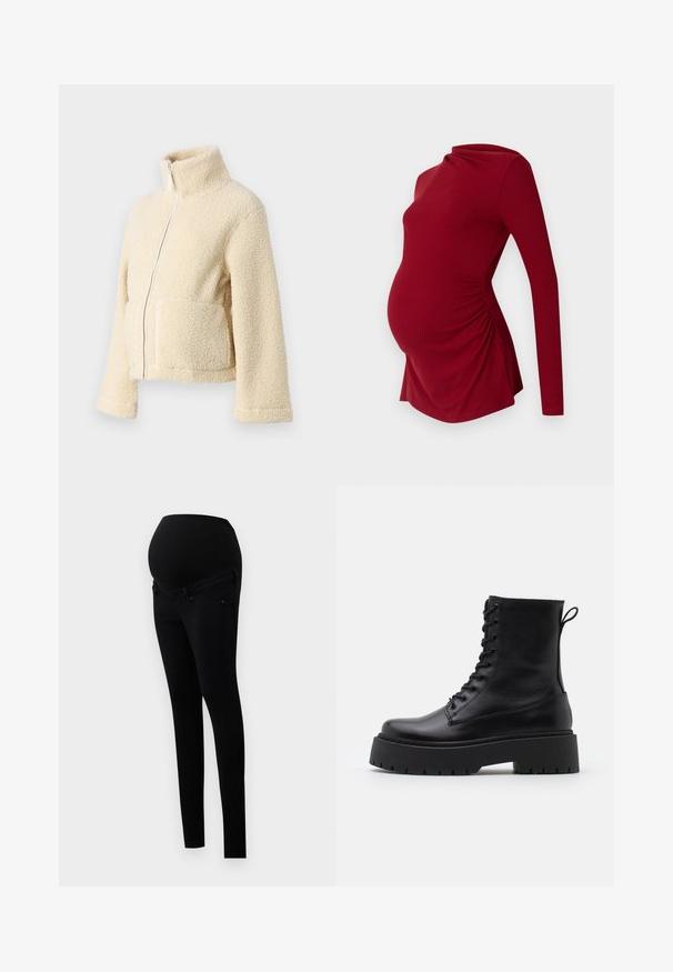 Kremo spalvos pūkinė striukė su aukštu apykakle, priekyje užtrauktuku ir dviem kišenėmis. Yra minkštas, tekstūruotas paviršius ir plačios rankovės.; Ilgyvęs rankovėmis raudona nėščiųjų tunika su velveto tekstūra, turinti drapiruotą iškirptę ir šoninius raukšlėjimus, leidžiančius prisitaikyti prie augančio pilvuko.; Juodos nėštuminės legginsai su palaikanti juosmens juosta virš pilvo. Pagaminti iš elastingos medžiagos, su kūno liniją formuojančiu siluetu ir klasikiniu penkių kišenių dizainu.; Juodos odinės aulinukės su apvalia nosimi, raišteliais priekyje ir storesniu guminio pado apačioje su tekstūruotu raštu. Priekyje yra kilputė.