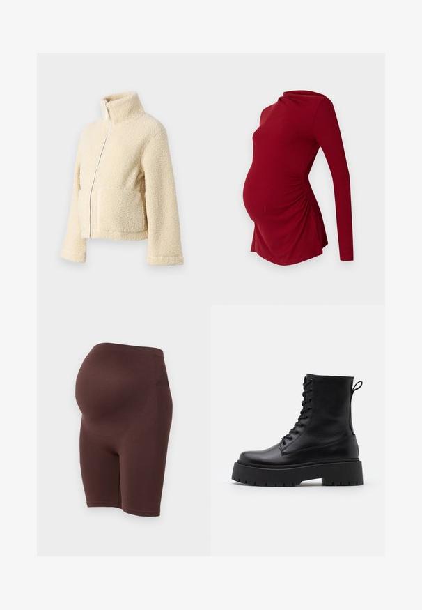 Krämfärgad fleecjacka med hög krage, framdragkedja och två fällfickor. Har en mjuk, texturerad yta och vida ärmar.; Långärmad röd graviditetstopp i ribbad textur, med en draperad halsringning och sidofåll för att rymma en växande mage.; Bruna, elastiska mammashorts med hög midja, designade för att rymma en växande mage. Slät textur, längd till mitten av låret, inga synliga sömmar.; Svarta läderankelboots med rund tå, snörning framtill och en tjock gummisula med strukturerat mönster. Dragflik bak.
