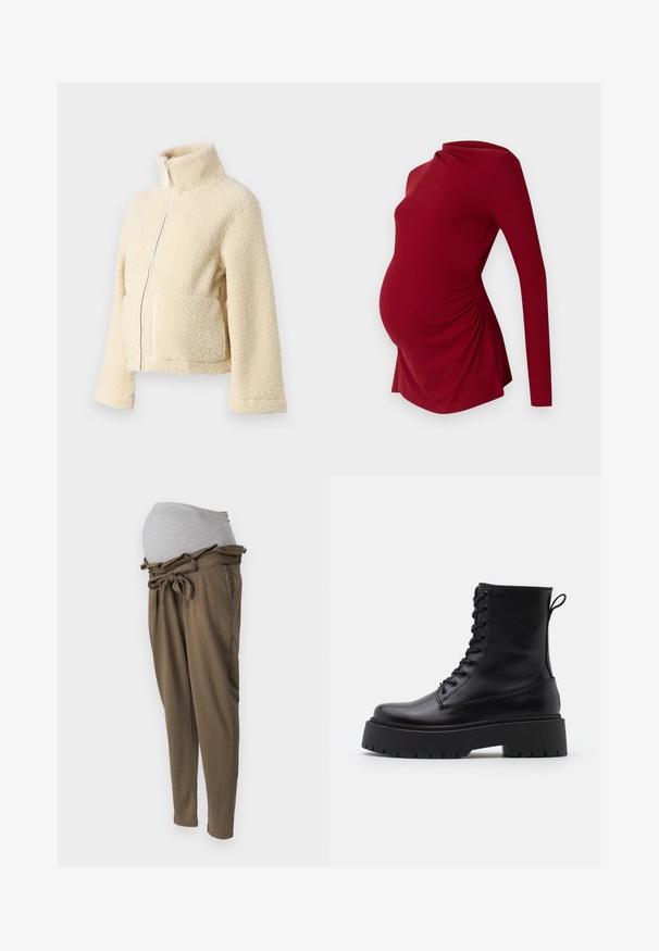 Kremo spalvos pūkinė striukė su aukštu apykakle, priekyje užtrauktuku ir dviem kišenėmis. Yra minkštas, tekstūruotas paviršius ir plačios rankovės.; Ilgyvęs rankovėmis raudona nėščiųjų tunika su velveto tekstūra, turinti drapiruotą iškirptę ir šoninius raukšlėjimus, leidžiančius prisitaikyti prie augančio pilvuko.; Olivos spalvos nėščiųjų kelnes su pilka elastinga juosta. Savybės: juosmuo laisvai rišamas, suteikiantis patogumą. Lygus paviršius.; Juodos odinės aulinukės su apvalia nosimi, raišteliais priekyje ir storesniu guminio pado apačioje su tekstūruotu raštu. Priekyje yra kilputė.