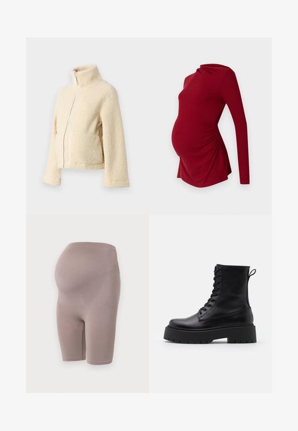 Krema flis jakna z visokim ovratnikom, sprednjim zadrgo in dvema večjima žepoma. Ima mehak, teksturiran površin in široke rokave.; Rdeča materinska majica z dolgimi rokavi v rebrasti teksturi, z drapiranim ovratnikom in stranskim gathersom, ki prilagaja rastočemu trebuhu.; Matične hlače v mehki taupe barvi, z elastično tkanino in visokim pasom, zasnovane za podporo, dosežejo do sredine stegna.; Črne usnjene gležnjarje z okroglo konico, vezalnim sprednjim delom in debelim gumijastim podplatom z teksturiranim profilom. Zanka na hrbtni strani.