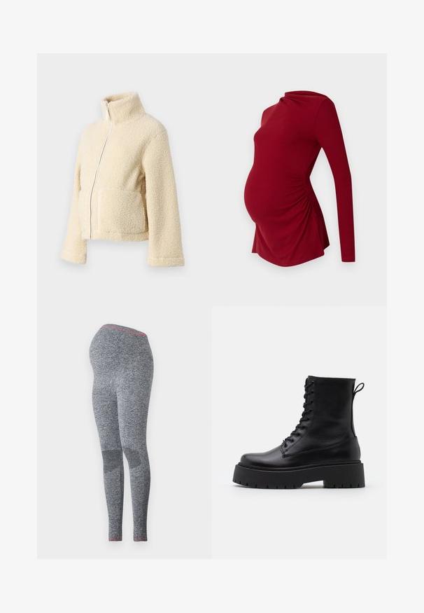 Krema flis jakna z visokim ovratnikom, sprednjim zadrgo in dvema večjima žepoma. Ima mehak, teksturiran površin in široke rokave.; Rdeča materinska majica z dolgimi rokavi v rebrasti teksturi, z drapiranim ovratnikom in stranskim gathersom, ki prilagaja rastočemu trebuhu.; Maternitetne legice v temno sivi barvi, z teksturirano površino in roza poudarkom na pasu, zasnovane s prilegajočo silhueto.; Črne usnjene gležnjarje z okroglo konico, vezalnim sprednjim delom in debelim gumijastim podplatom z teksturiranim profilom. Zanka na hrbtni strani.