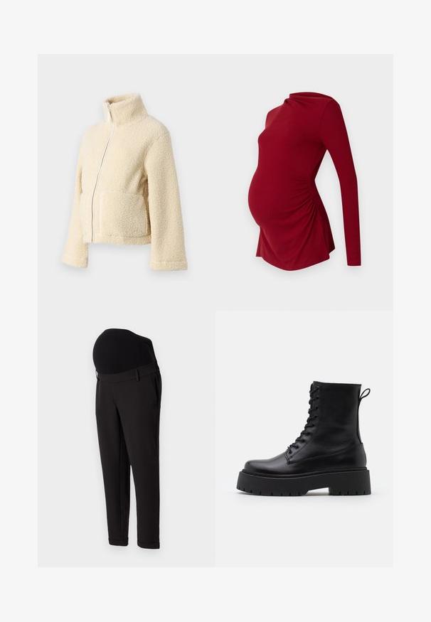 Crème fleece jacket met een hoge kraag, een rits aan de voorkant en twee grote zakken. Heeft een zachte, gestructureerde oppervlakte en brede mouwen.; Lange mouw rode zwangerschapsblouse van ribbelstof, met een gedrapeerde halslijn en zijrimpeling om een groeiende buik te accommoderen.; Zwarte zwangerschapsbroek met een hoge, elastische tailleband en een taps toelopend ontwerp. De stof heeft een gladde textuur met een lichte glans.; Zwarte leren enkelboots met een ronde neus, vetersluiting aan de voorkant en een dikke rubberen zool met een gestructureerd profiel. Trekbandje aan de achterkant.