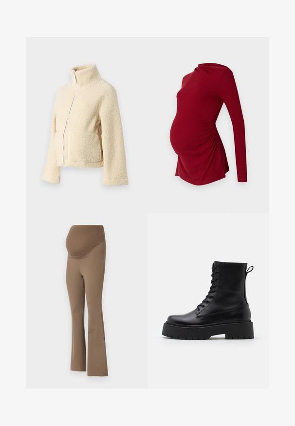 Cream fleece jacket with a high collar, front zipper, and two patch pockets. Features a soft, textured surface and wide sleeves.; Long-sleeve red maternity top in ribbed texture, featuring a draped neckline and side ruching to accommodate a growing belly.; Brown maternity leggings with a high, supportive waistband and flared leg design. Made from stretchy, smooth fabric with a solid texture.; Black leather ankle boots with a round toe, lace-up front, and a thick rubber sole featuring a textured tread. Pull tab at the back.