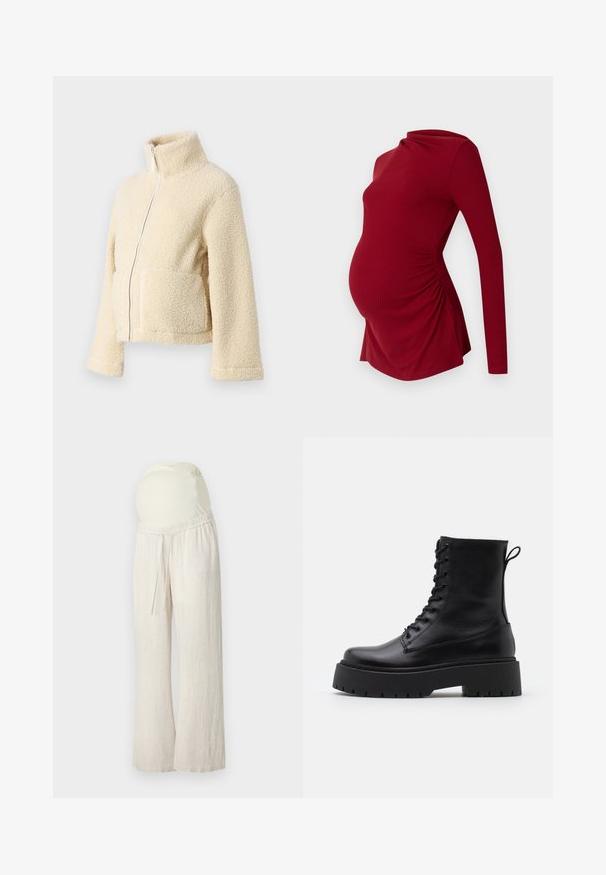Crème fleece jacket met een hoge kraag, een rits aan de voorkant en twee grote zakken. Heeft een zachte, gestructureerde oppervlakte en brede mouwen.; Lange mouw rode zwangerschapsblouse van ribbelstof, met een gedrapeerde halslijn en zijrimpeling om een groeiende buik te accommoderen.; Lichtbeige zwangerschapsbroeken met een relaxte pasvorm, elastische tailleband en een zacht, rekbaar buikondersteuningspaneel. Gemaakt van een lichtgewicht, ademend materiaal.; Zwarte leren enkelboots met een ronde neus, vetersluiting aan de voorkant en een dikke rubberen zool met een gestructureerd profiel. Trekbandje aan de achterkant.