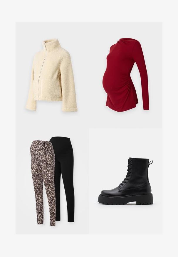 Krema flis jakna z visokim ovratnikom, sprednjim zadrgo in dvema večjima žepoma. Ima mehak, teksturiran površin in široke rokave.; Rdeča materinska majica z dolgimi rokavi v rebrasti teksturi, z drapiranim ovratnikom in stranskim gathersom, ki prilagaja rastočemu trebuhu.; Dva para leginsov: en par ima leopardji print v bež in črni barvi, medtem ko je drugi popolnoma črn, oba z oprijetim krojem in elastičnimi pasovi.; Črne usnjene gležnjarje z okroglo konico, vezalnim sprednjim delom in debelim gumijastim podplatom z teksturiranim profilom. Zanka na hrbtni strani.