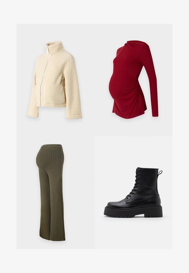 Veste en polaire crème avec un col haut, fermeture éclair frontale et deux poches à rabat. Présente une surface douce et texturée ainsi que des manches larges.; Haut de maternité à manches longues en texture côtelée, avec un décolleté drapé et un ruché sur les côtés pour s'adapter à un ventre en croissance.; Pantalons côtelés en tricot vert olive, taille haute, évasés à partir du genou, avec une texture douce et une taille élastique pour plus de confort.; Bottines en cuir noir avec un bout rond, un laçage à l'avant et une épaisse semelle en caoutchouc dotée d'un motif texturé. Tirer au dos.