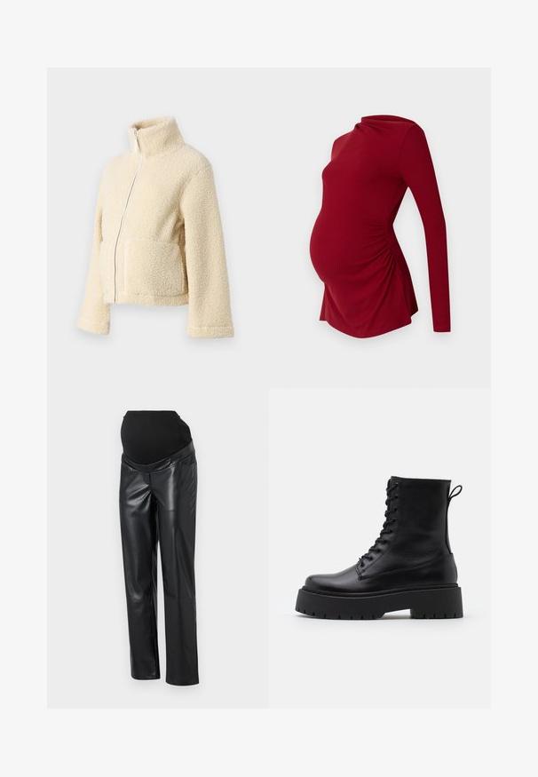 Veste en polaire crème avec un col haut, fermeture éclair frontale et deux poches à rabat. Présente une surface douce et texturée ainsi que des manches larges.; Haut de maternité à manches longues en texture côtelée, avec un décolleté drapé et un ruché sur les côtés pour s'adapter à un ventre en croissance.; Pantalons de maternité en simili cuir noir avec une ceinture élastique noire, présentant une coupe ajustée et une couleur unie neutre.; Bottines en cuir noir avec un bout rond, un laçage à l'avant et une épaisse semelle en caoutchouc dotée d'un motif texturé. Tirer au dos.