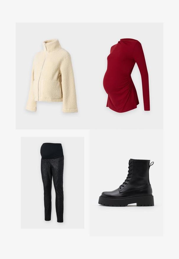 Krémová fleecová bunda s vysokým límcem, předním zipem a dvěma našitými kapsami. Vyznačuje se měkkým, texturovaným povrchem a širokými rukávy.; Dlouhý rukáv červeného těhotenského topu s žebrovanou strukturou, který má draped výstřih a boční nařasení pro přizpůsobení rostoucímu břichu.; Těhotenské legíny v černé barvě s elastickým strukturovaným páskem. Hlavní materiál má jemný černý leopardí vzor. Design s úzkým střihem.; Černé kožené kotníkové boty s kulatou špičkou, šněrováním na přední straně a silnou gumovou podešví s texturovaným vzorkem. S poutkem vzadu.