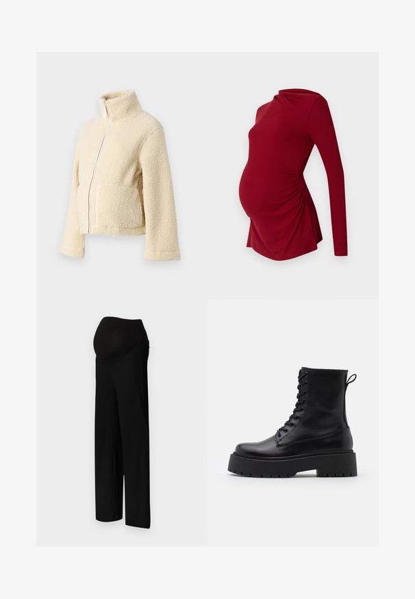 Krema flis jakna z visokim ovratnikom, sprednjim zadrgo in dvema večjima žepoma. Ima mehak, teksturiran površin in široke rokave.; Rdeča materinska majica z dolgimi rokavi v rebrasti teksturi, z drapiranim ovratnikom in stranskim gathersom, ki prilagaja rastočemu trebuhu.; Črne rebraste nosečniške hlače z širokim, raztegnjenim pasom in ohlapnim širokim krojem. Tkanina je gladka z nežno teksturo.; Črne usnjene gležnjarje z okroglo konico, vezalnim sprednjim delom in debelim gumijastim podplatom z teksturiranim profilom. Zanka na hrbtni strani.