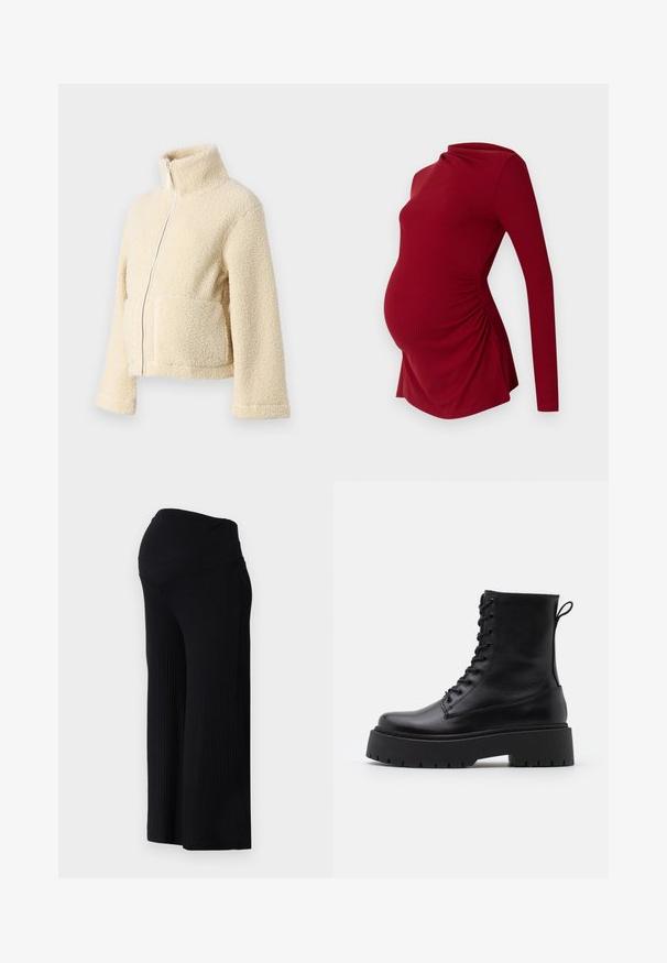 Kreemi fleesjakke, millel on kõrge krae, esipesu ja kaks lapitaskut. Omab pehmet, tekstuurset pinda ja laiu varrukasid.; Pitkähihaista punaisesta äitiyspaidasta ribbineulosta, jossa on laskostettu pääntie ja sivusomistus kasvavan vatsan mukauttamiseksi.; Mustat ribatut leveälahkeiset housut korkealla vyötäröllä. Kangas on sileä ja joustava, mikä luo rentoa istuvuutta lahkeiden ympärille.; Musta nahkainen nilkkureita, joissa on pyöreä kärki, nauhakiinnitys edessä ja paksu kumipohja, jossa on teksturoitu pinta. Takana vetotappi.