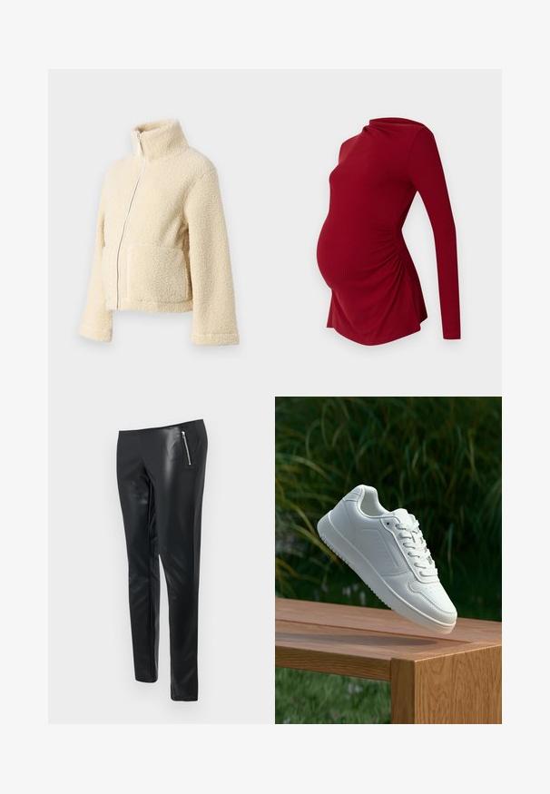Krema flis jakna z visokim ovratnikom, sprednjim zadrgo in dvema večjima žepoma. Ima mehak, teksturiran površin in široke rokave.; Rdeča materinska majica z dolgimi rokavi v rebrasti teksturi, z drapiranim ovratnikom in stranskim gathersom, ki prilagaja rastočemu trebuhu.; Črne hlače iz umetnega usnja s slim krojem, z zadrgo na sprednjem žepu in gladko, sijajno teksturo.; Bela teniska s gladkim sintetičnim zgornjim delom, perforiranim prednjim delom, ravnimi vezalkami in teksturiranim podplatom, prikazana na leseni površini.