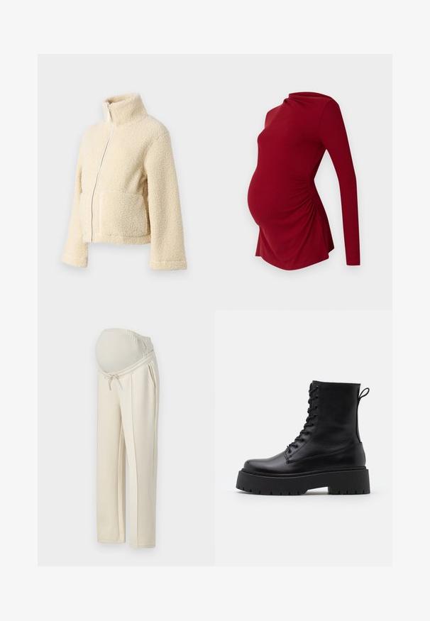 Krémová flísová bunda s vysokým golierom, predným zipsom a dvoma náprsními vreckami. Má mäkký, štruktúrovaný povrch a široké rukávy.; Dlhý rukáv červený tehotenský top s rebrovanou textúrou, s drapovaným výstrihom a bočnými riaseniami, ktoré prispôsobujú rastúcemu bruchu.; Svetlo béžové tehotenské nohavice s elastickým pásom, detailom na šnúrku a dvoma bočnými vreckami. Vyrobené z mäkkej, elastickej látky.; Čierne kožené členkové topánky s okrúhlou špičkou, šnurovaním vpredu a hrubou gumovou podrážkou s textúrovaným vzorom. Sťahovací pútko na zadnej strane.