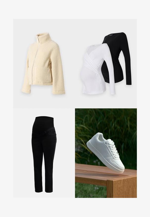Cream fleece jacket with a high collar, front zipper, and two patch pockets. Features a soft, textured surface and wide sleeves.; Two long-sleeve maternity tops in white and black. Features a crossover design, soft fabric, and curved hemline for comfortable fit.; Black maternity jeans with stretchy high waistband and slim-fit legs, designed for comfort and support during pregnancy.; White sneaker with a smooth synthetic upper, perforated toe box, flat laces, and a textured sole, displayed on a wooden surface.