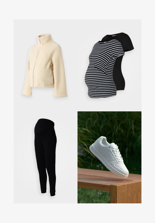Jaqueta de fleece creme com gola alta, fecho frontal e dois bolsos de patch. Apresenta uma superfície suave e texturada e mangas largas.; Duas t-shirts de maternidade: uma preta, outra às riscas preta e branca. Ambas têm mangas curtas e uma bainha curva, desenhadas para conforto durante a gravidez.; Calças de maternidade pretas com um cós elástico e franzido, bolsos laterais e tornozelos ajustados, feitas de um tecido macio e flexível.; Sapatilha branca com um cabedal sintético liso, caixa dos dedos perfurada, atacadores planos e uma sola texturizada, exposta sobre uma superfície de madeira.