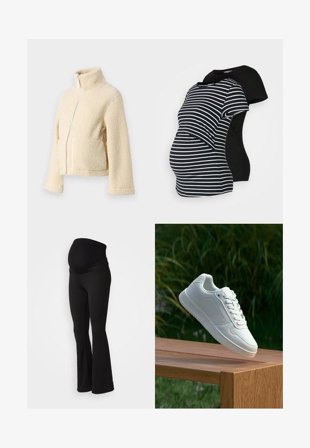 Cremefarbene Fleecejacke mit hohem Kragen, frontalem Reißverschluss und zwei aufgesetzten Taschen. Sie zeichnet sich durch eine weiche, strukturierte Oberfläche und weite Ärmel aus.; Zwei Umstandsshirts: eines schwarz, das andere schwarz-weiß gestreift. Beide haben kurze Ärmel und einen abgerundeten Saum, der für Komfort während der Schwangerschaft sorgt.; Schwarze Schwangerschafts-Leggings mit einem breiten, dehnbaren Bund, ausgestelltem Design und weichem Stoff, der für Komfort und Unterstützung geeignet ist.; Weiße Sneaker mit einem glatten, synthetischen Obermaterial, perforierter Zehenbox, flachen Schnürsenkeln und einer strukturierten Sohle, präsentiert auf einer Holzoberfläche.