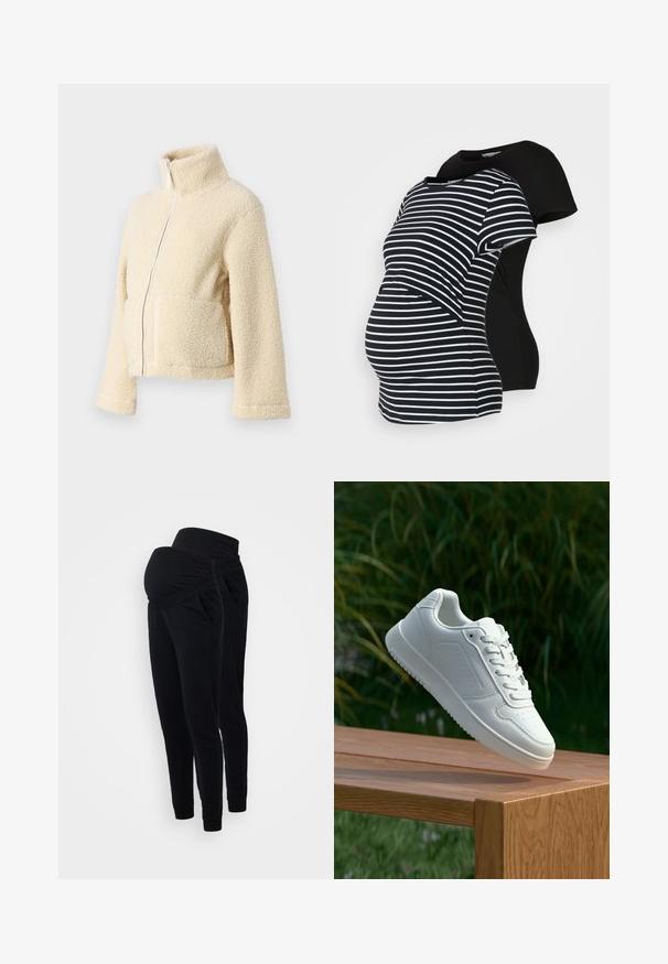 Krémová flísová bunda s vysokým golierom, predným zipsom a dvoma náprsními vreckami. Má mäkký, štruktúrovaný povrch a široké rukávy.; Dve tehotenské tričká: jedno čierne, druhé čierno-bielo pruhované. Obidve majú krátke rukávy a oblečený lem, navrhnuté pre pohodlie počas tehotenstva.; Čierne tehotenské jogger nohavice s prehnutým pásom, bočnými vreckami a zúženým strihom nohavíc. Vyrobené z mäkkého, elastického materiálu pre maximálne pohodlie.; Biele tenisky s hladkým syntetickým zvrškom, perforovanou špičkou, plochými šnúrkami a textúrovanou podrážkou, vystavené na drevenej ploche.