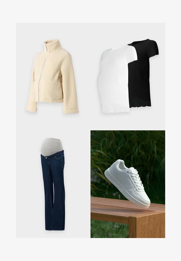 Creme fleecejakke med høj krave, frontlynlås og to påsyede lommer. Har en blød, struktureret overflade og brede ærmer.; To korte ribbede t-shirts med korte ærmer, en i hvid og den anden i sort, der har en bølget kant og en tætsiddende pasform.; Graviditetsjeans lavet af mørkeblåt denim, med en grå elastisk mavepanel, lige ben-design og forlommer med metalliske accenter.; Hvid sneaker med en glat syntetisk overdel, perforeret tåboks, flade snørebånd og en tekstureret sål, præsenteret på en træoverflade.