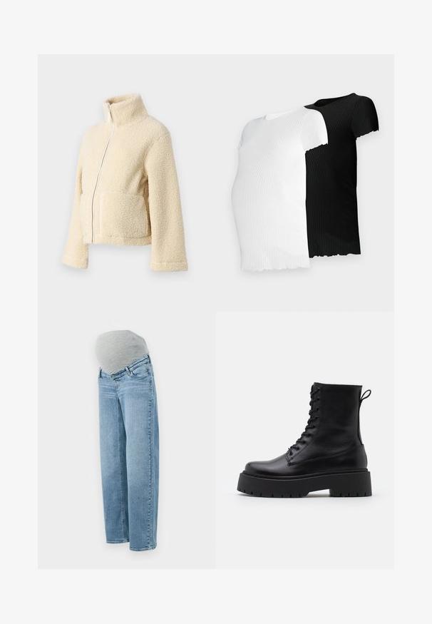 Kreemimust kampsun kõrge krae, ees tõmblukuga ja kahe kott-taskuga. Omab pehmet, tekstuuri pinnat ja laiu varrukaid.; Kaks lühikeste käistega ribakudumist T-särki, üks valge ja teine must, millel on laineline äär ja kehaõhkuv disain.; Rasedusjeansid helesinine pesu, mugav lõige ning hall elastne kõhurihm, mis tagab mugavuse ja paindlikkuse raseduse ajal.; Mustad mustad nahast pahkluu saapad ümarate varvastega, nööridega esiosas ja paksu kummist talla ning tekstuuritud mustriga. Tagumine tõmbeaas.