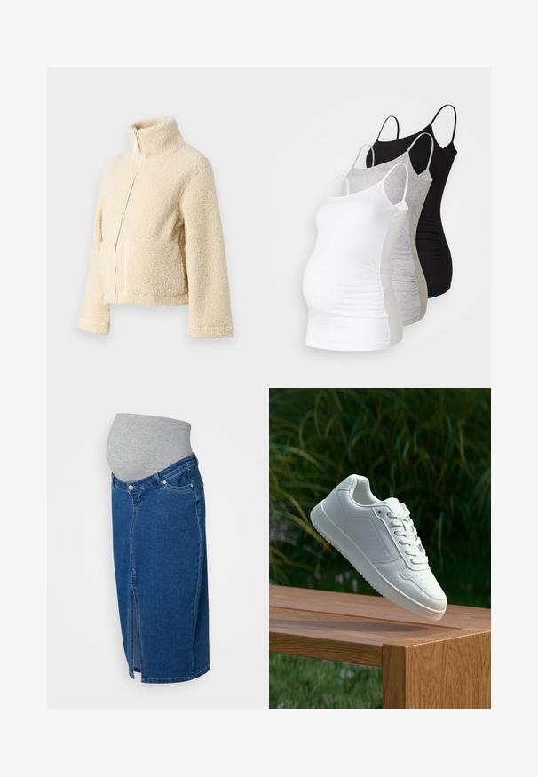 Krema flis jakna z visokim ovratnikom, sprednjim zadrgo in dvema večjima žepoma. Ima mehak, teksturiran površin in široke rokave.; Tri materinski topi brez rokavov v beli, sivi in črni barvi. Raztegljiv material z nastavljivimi naramnicami in nabranimi stranskimi šivi za udobje.; Materinski jeans krilo s temno modrim pranjem, sprednjim razporkom in mehkim sivo elastičnim pasom za udobje in enostavno nošenje.; Bela teniska s gladkim sintetičnim zgornjim delom, perforiranim prednjim delom, ravnimi vezalkami in teksturiranim podplatom, prikazana na leseni površini.
