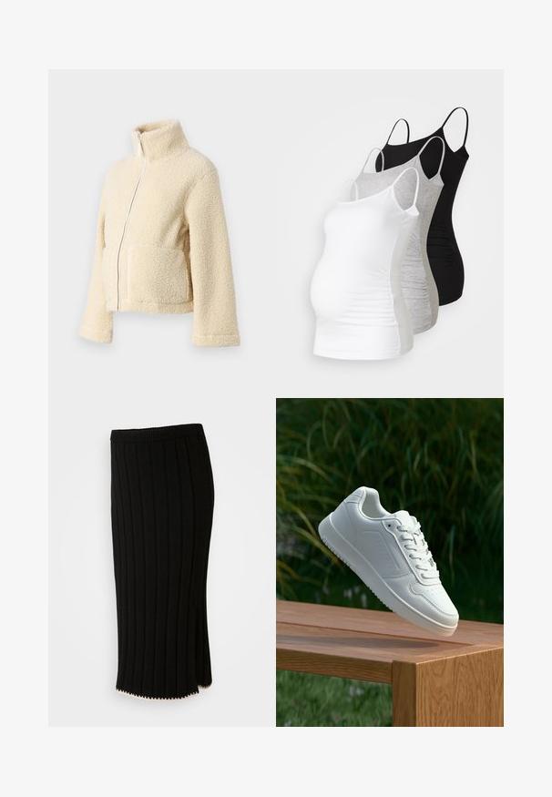 Krēms krāsas vilnas jaka ar augstu apkakli, priekšējo rāvējslēdzēju un divām kabatām. Tai ir mīksta, tekstūra virsma un plašas piedurknes.; Trīs grūtniecības tērpi bez piedurknēm baltā, pelēkā un melnā krāsā. Elastīgs audums ar regulējamiem tievajiem plecu siksniņām un savilktām sānu šuvēm komfortam.; Melnā adīta svārku ar vertikālām ribām, piegulošu jostasvietu un sānu izgriezumu ar dekoratīvu zelta akcentu apakšmalā.; Baltie sporta apavi ar gludu sintētisku augšpusi, perforētu pirkstu daļu, plakani šņorēm un rakstainu zoli, novietoti uz koka virsmas.