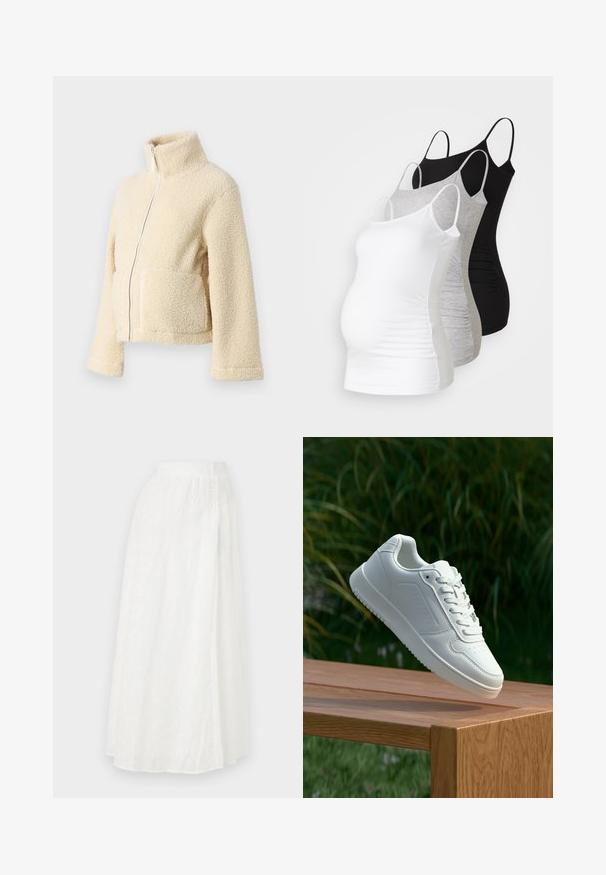 Kremfarget fleecejakke med høy krage, glidelås foran og to klaffelommer. Har en myk, teksturert overflate og vide ermer.; Tre ammetoppe til gravide i hvit, grå og svart. Elastisk stoff med justerbare spaghetti-stropper og samlede sidesømmer for komfort.; Hvit maxi-skjørt med elastisk midjebånd, som har et teksturert blomstermønster og blonder-lignende utskjæringer i hele stoffet.; Hvite sneakers med en glatt syntetisk overdel, perforert tåboks, flate snørebånd og en teksturert såle, vist på en treflate.