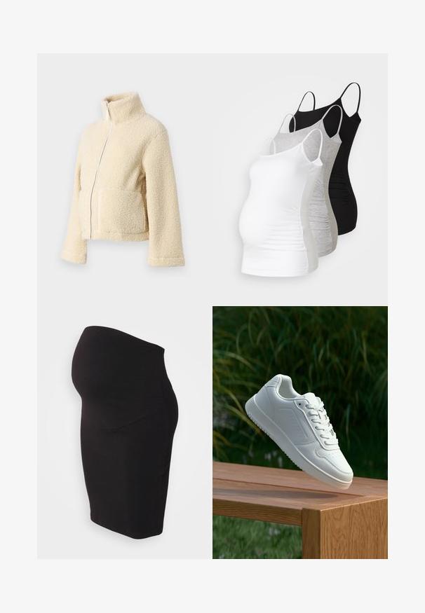 Kremfarget fleecejakke med høy krage, glidelås foran og to klaffelommer. Har en myk, teksturert overflate og vide ermer.; Tre ammetoppe til gravide i hvit, grå og svart. Elastisk stoff med justerbare spaghetti-stropper og samlede sidesømmer for komfort.; Svart graviditetskjole laget av myk, elastisk stoff. Har en høy midjebånd for komfort og en tettsittende design som former seg etter kroppen.; Hvite sneakers med en glatt syntetisk overdel, perforert tåboks, flate snørebånd og en teksturert såle, vist på en treflate.