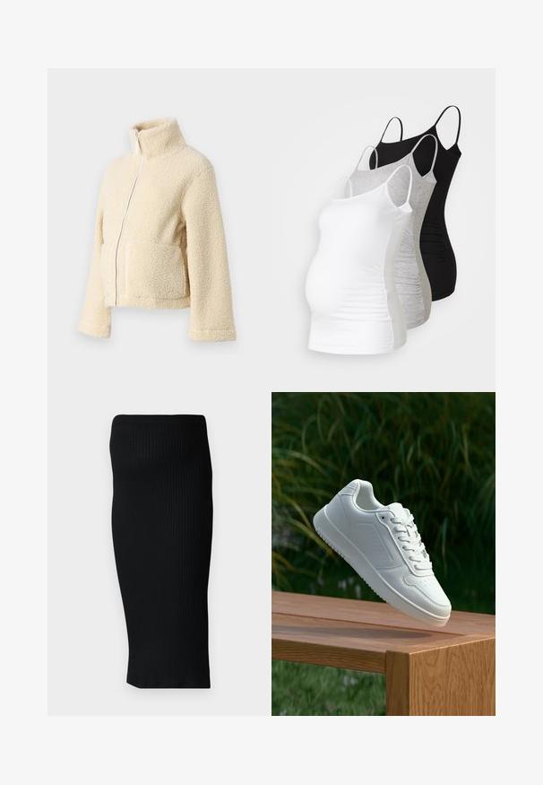 Krém színű plüss dzseki magas gallérral, elülső cipzárral és két folt zsebbel. Puha, textúrált felülettel és széles ujjakkal rendelkezik.; Három kismama tank top fehér, szürke és fekete színben. Rugalmas anyag, állítható pántokkal és beszegett oldals seams, hogy kényelmes viseletet biztosítson.; Fekete bordázott kötött midi szoknya, karcsú fazonnal és széles derékpánttal. Simább textúra, látható minták vagy kiegészítők nélkül.; Fehér sportcipő sima szintetikus felsőrésszel, perforált lábujjrész, lapos fűzőkkel és texturált talppal, fából készült felületen kihelyezve.