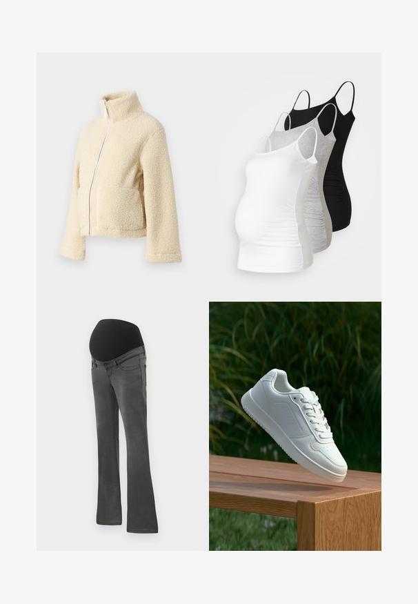 Krēms krāsas vilnas jaka ar augstu apkakli, priekšējo rāvējslēdzēju un divām kabatām. Tai ir mīksta, tekstūra virsma un plašas piedurknes.; Trīs grūtniecības tērpi bez piedurknēm baltā, pelēkā un melnā krāsā. Elastīgs audums ar regulējamiem tievajiem plecu siksniņām un savilktām sānu šuvēm komfortam.; Grūtniecības džinsi tumši pelēkā denima krāsā ar plašu melnu elastīgu jostu, taisna piegriezuma kājas un vieglu izbalēšanu uz auduma.; Baltie sporta apavi ar gludu sintētisku augšpusi, perforētu pirkstu daļu, plakani šņorēm un rakstainu zoli, novietoti uz koka virsmas.