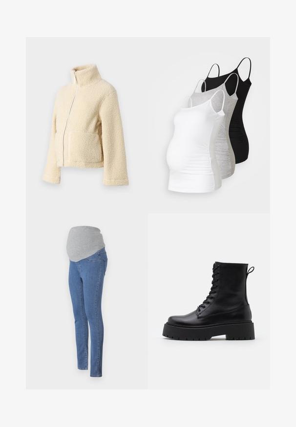 Krém színű plüss dzseki magas gallérral, elülső cipzárral és két folt zsebbel. Puha, textúrált felülettel és széles ujjakkal rendelkezik.; Három kismama tank top fehér, szürke és fekete színben. Rugalmas anyag, állítható pántokkal és beszegett oldals seams, hogy kényelmes viseletet biztosítson.; Kismama farmernadrág, formázott dizájnnal, kék denim anyagból és puha szürke jersey derékpánttal a kényelem érdekében. Hátsó zsebekkel és karcsú szabással rendelkezik.; Fekete bőr bokacsizma, kerek orral, fűzős elülső résszel és vastag, texturált gumitalppal. Húzófül hátul.