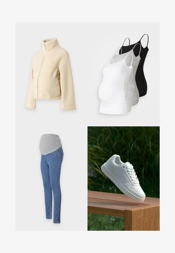 Kremasti flis jakna s visokim ovratnikom, prednjim patentnim zatvaračem i dva džepa s preklopom. Ima mekan, teksturiran površinu i široke rukave.; Tri majice za trudnice bez rukava u bijeloj, sivoj i crnoj boji. Elastični materijal s podesivim trakama i naboranim bočnim šavovima za udobnost.; Trudničke traperice s prilagođenim dizajnom, plavi traper tkanina i mekani sivi džersej pojas za udobnost. Ima stražnje džepove i uski kroj.; Bijela tenisica sa glatkim sintetičkim gornjim dijelom, perforiranim prednjim dijelom, ravnim vezicama i teksturiranom potplatom, prikazana na drvenoj površini.