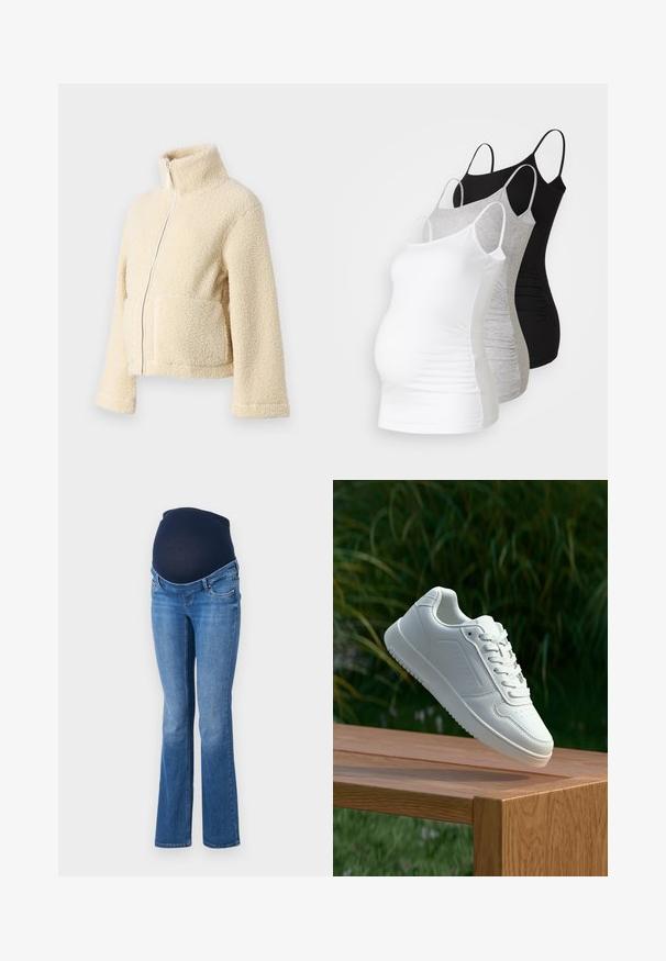 Kreemi fleesjakke, millel on kõrge krae, esipesu ja kaks lapitaskut. Omab pehmet, tekstuurset pinda ja laiu varrukasid.; Kolme äitiystoppia valkoisena, harmaana ja mustana. Venytettävä kangas, säädettävät olkaimet ja rypytetyt sivusaumat mukavuutta varten.; Äitiysfarkut tummansinisellä pehmeällä kankaan vyölenkillä ja vaaleansinisellä denimillä, joissa on leveä lahje ja viisi-taskuinen tyyli.; Valkoiset tennarit, joissa on sileä synteettinen päällinen, rei'itetty varvasosa, litteät nauhat ja teksturoitu pohja, esillä puupinnalla.