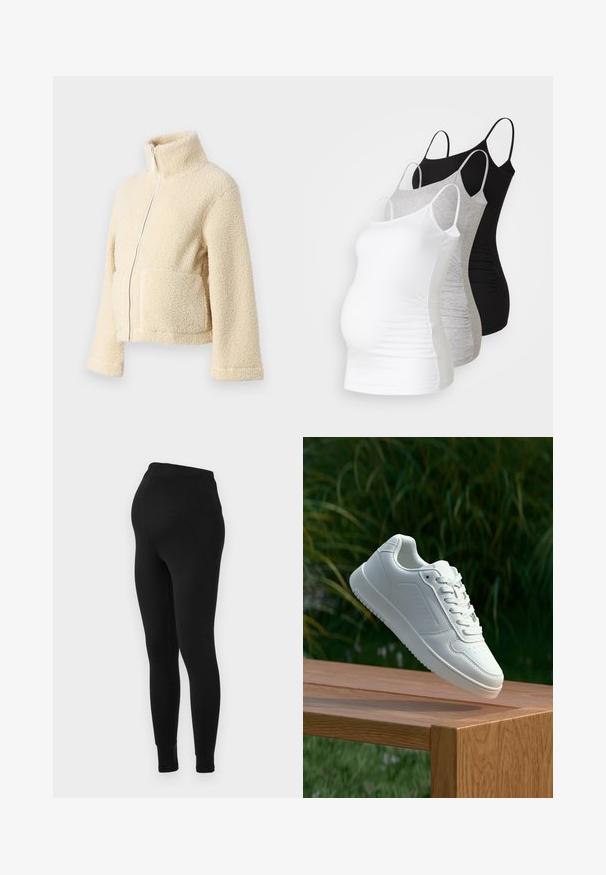 Kremowa polarowa kurtka z wysokim kołnierzem, zamek błyskawiczny z przodu i dwiema kieszeniami naszytymi. Posiada miękką, teksturowaną powierzchnię i szerokie rękawy.; Trzy topy ciążowe na ramiączkach w kolorze białym, szarym i czarnym. Elastyczny materiał z regulowanymi ramiączkami i zaszewkami po bokach dla wygody.; Czarne, prążkowane legginsy z elastycznym paskiem w talii i dopasowanym krojem. Charakteryzują się gładką tkaniną i zwężającymi się nogawkami, idealne do codziennego noszenia.; Biały sneaker z gładką syntetyczną cholewą, perforowanym noskiem, płaskimi sznurowadłami i teksturowaną podeszwą, wyeksponowany na drewnianej powierzchni.