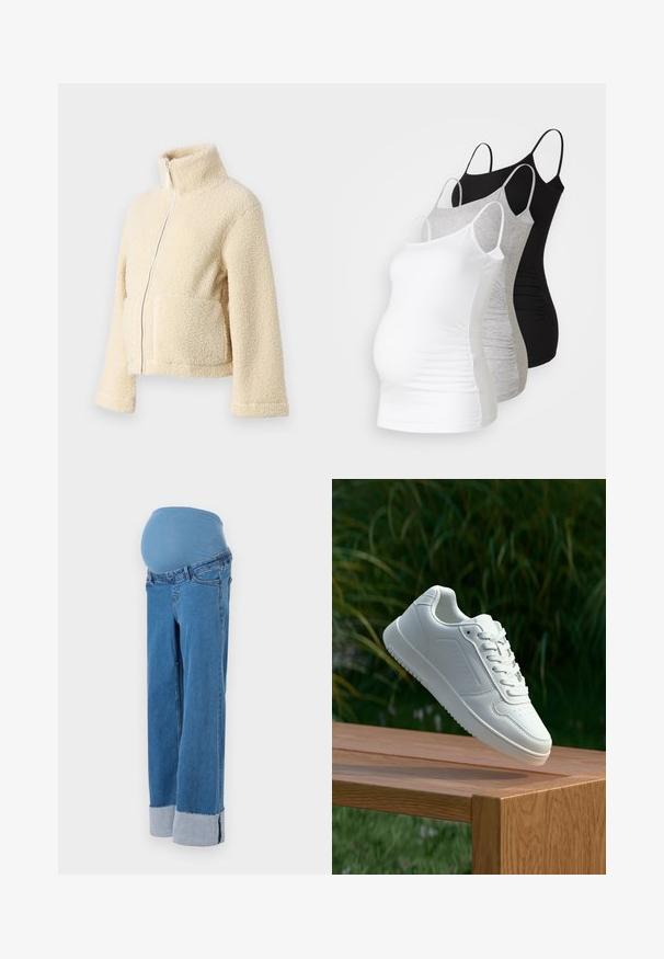 Κρέμα φλις ζακέτα με ψηλό γιακά, μπροστινό φερμουάρ και δύο τσέπες με λοξό καπάκι. Διαθέτει απαλή, υφασμένη επιφάνεια και φαρδιές μανσέτες.; Τρία τανκ τοπ εγκυμοσύνης σε λευκό, γκρι και μαύρο. Ελαστικό ύφασμα με ρυθμιζόμενους ιμάντες πλάτης και συγκεντρωμένες ραφές στην πλευρά για περισσότερη άνεση.; Μαμά τζιν σε απαλό μπλε τζην, με ελαστική, μαλακή ζώνη και ριγέ τελείωμα. Ο σχεδιασμός με φαρδιά πόδια προσφέρει άνεση και ευκολία κινήσεων.; Λευκό αθλητικό παπούτσι με λείο συνθετικό επάνω μέρος, περforατισμένη μύτη, επίπεδα κορδόνια και υφασμένη σόλα, εκτεθειμένο σε ξύλινη επιφάνεια.