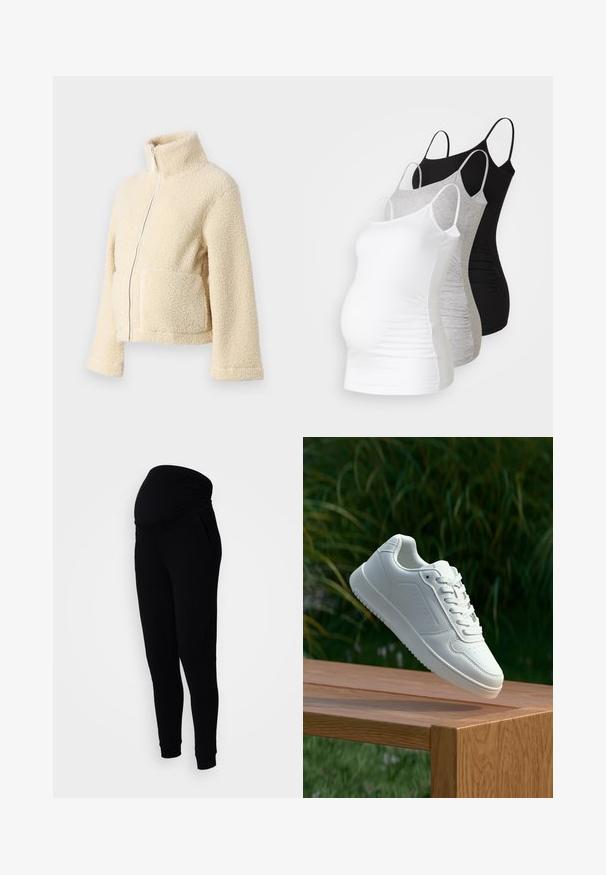 Jaqueta de fleece creme com gola alta, fecho frontal e dois bolsos de patch. Apresenta uma superfície suave e texturada e mangas largas.; Três tops de maternidade sem mangas em branco, cinza e preto. Tecido elástico com alças ajustáveis e costuras laterais franzidas para maior conforto.; Calças de maternidade pretas com um cós elástico e franzido, bolsos laterais e tornozelos ajustados, feitas de um tecido macio e flexível.; Sapatilha branca com um cabedal sintético liso, caixa dos dedos perfurada, atacadores planos e uma sola texturizada, exposta sobre uma superfície de madeira.