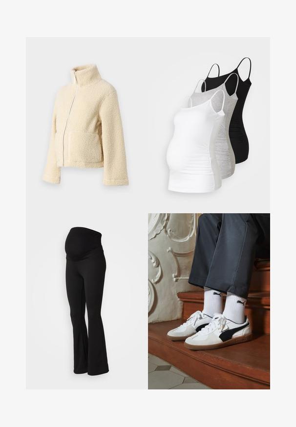 Creme fleecejakke med høj krave, frontlynlås og to påsyede lommer. Har en blød, struktureret overflade og brede ærmer.; Tre graviditetstoppe i hvid, grå og sort. Strækbart stof med justerbare spaghetti-stropper og sammenkrøllede sidesømme for komfort.; Sorte graviditetsleggings med bred, strækbar talje, flagrende design og blød stofstruktur, der er velegnet til komfort og støtte.; Puma sneakers i hvid og sort ruskind med en brun gummisål. Bæres med hvide sokker med et sort logo og mørke bukser.